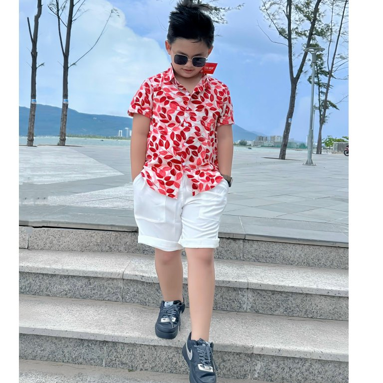 Áo sơ mi ngắn tay họa tiết lá đỏ vải mát chất đẹp cho bé đi học đi chơi tiệc chơi tết giáng sinh size nhí đại 12kg-52kg