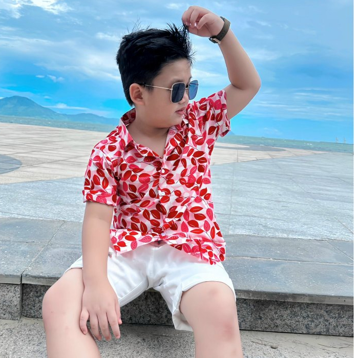 Áo sơ mi ngắn tay họa tiết lá đỏ vải mát chất đẹp cho bé đi học đi chơi tiệc chơi tết giáng sinh size nhí đại 12kg-52kg