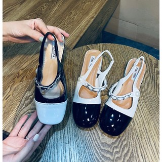Sandal da bóng bít mũi vuông đen trắng hàng VNXK - 3P