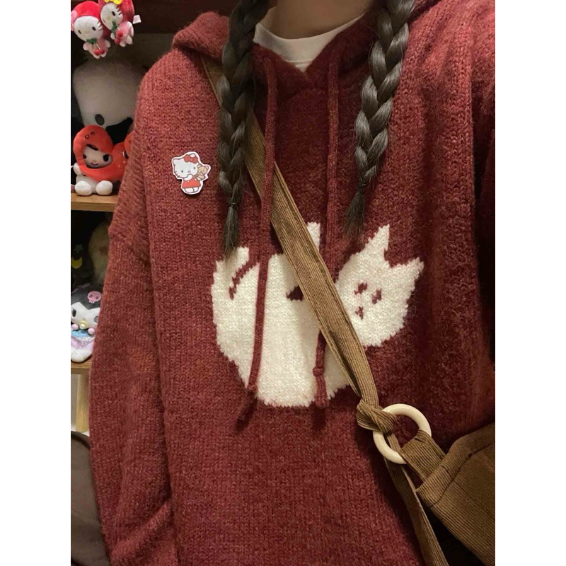 Áo len hoodie mũ hình con mèo màu đỏ trầm hợp Noel Tết tôn da dài tay dáng rộng chùm mông tay bo gấu ulzzang