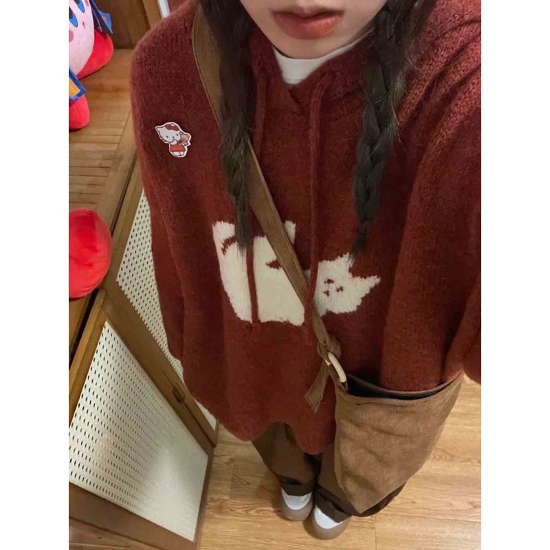 Áo len hoodie mũ hình con mèo màu đỏ trầm hợp Noel Tết tôn da dài tay dáng rộng chùm mông tay bo gấu ulzzang