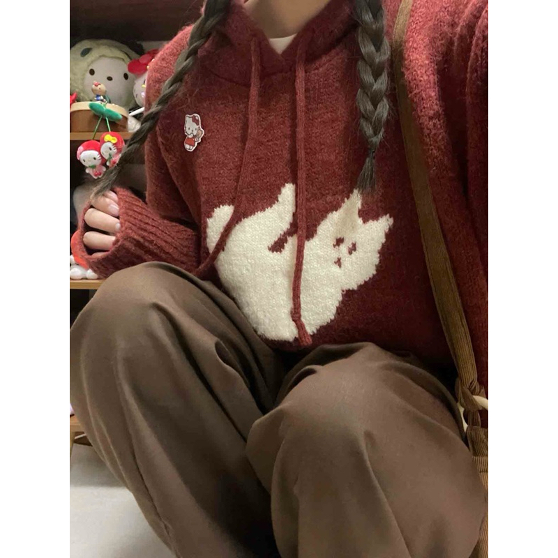 Áo len hoodie mũ hình con mèo màu đỏ trầm hợp Noel Tết tôn da dài tay dáng rộng chùm mông tay bo gấu ulzzang