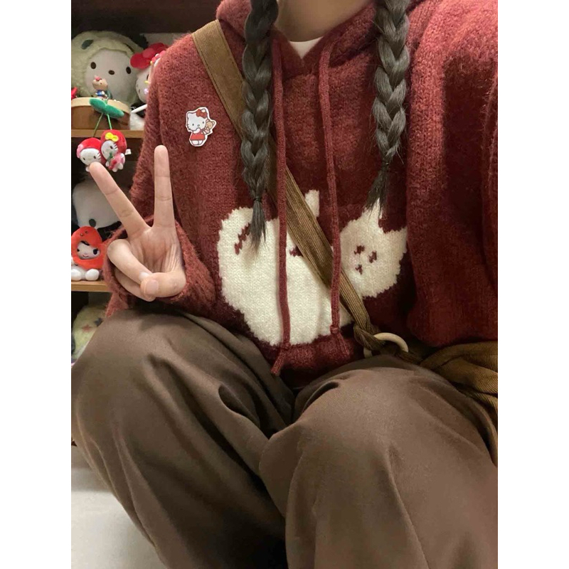 Áo len hoodie mũ hình con mèo màu đỏ trầm hợp Noel Tết tôn da dài tay dáng rộng chùm mông tay bo gấu ulzzang