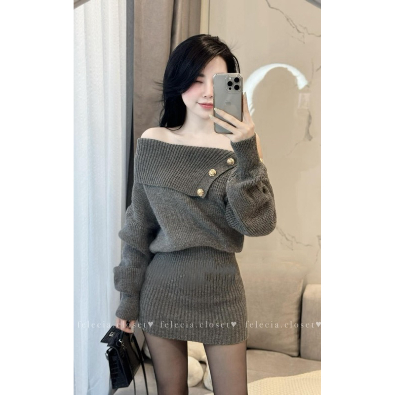 Áo váy len lệch tay vai bồng