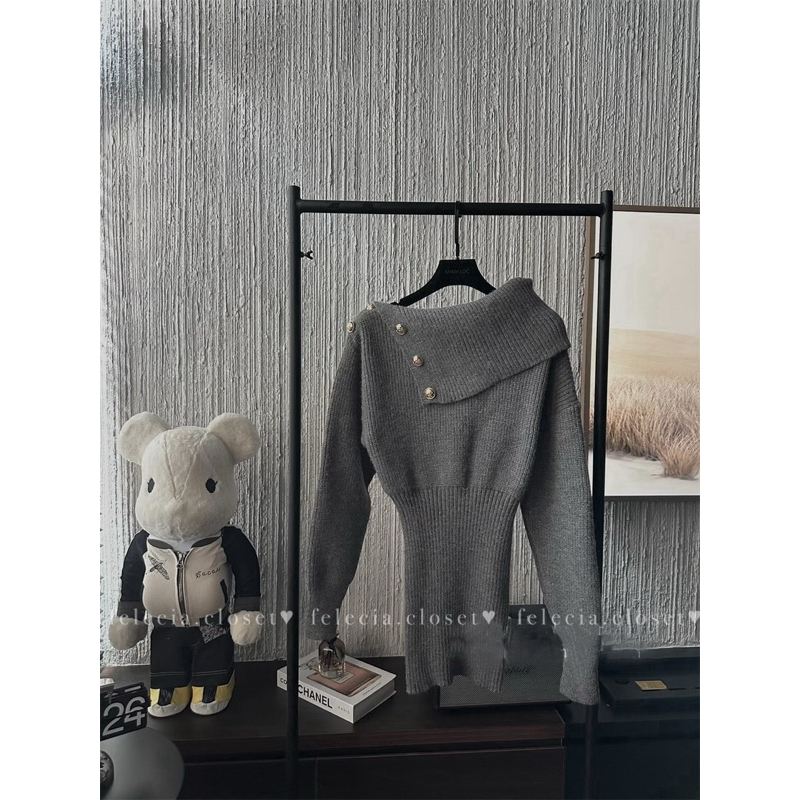 Áo váy len lệch tay vai bồng