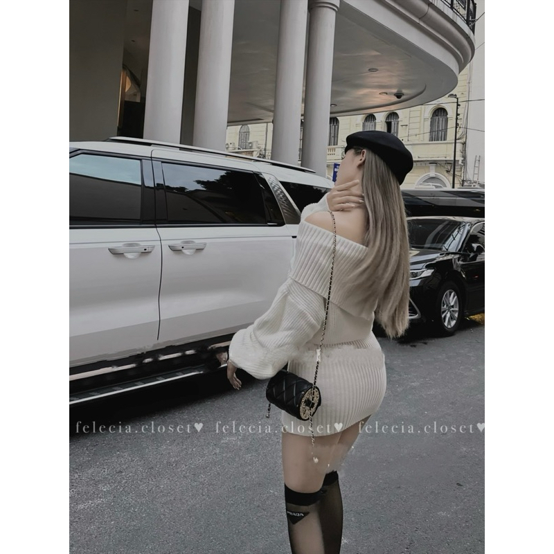 Áo váy len lệch tay vai bồng