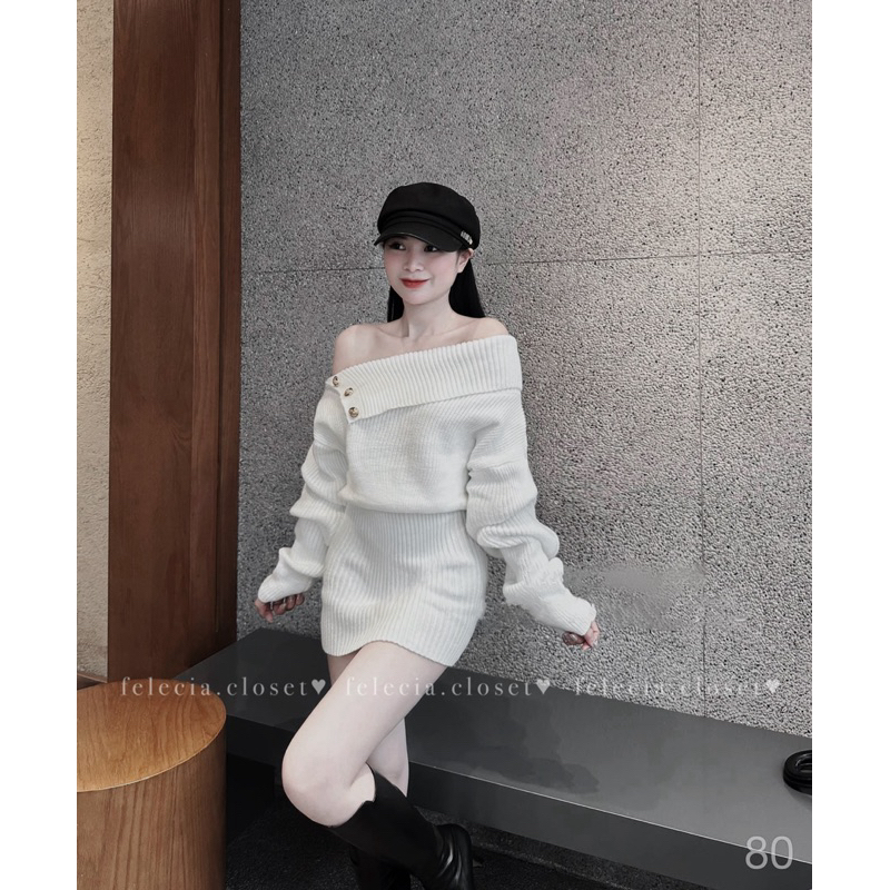 Áo váy len lệch tay vai bồng