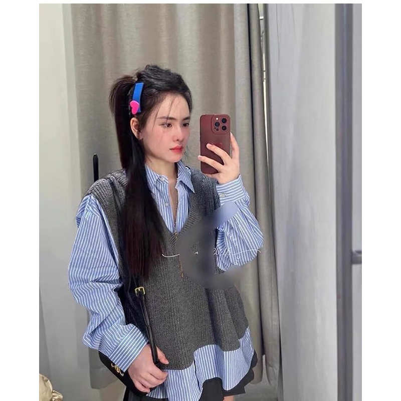 Áo sơ mi phối gile len ZARA xuất