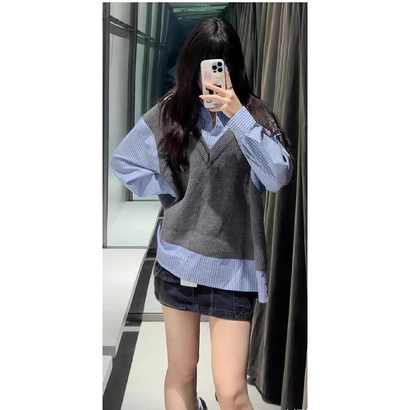 Áo sơ mi phối gile len ZARA xuất