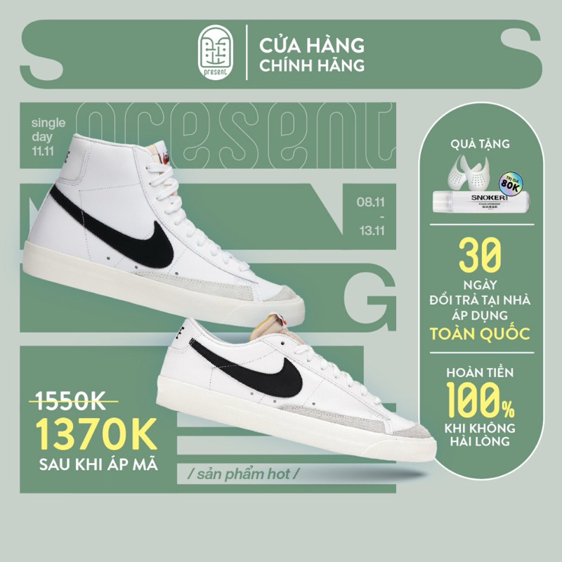Giày Sneaker_Nike Blazer Mid ’77 Vintage ‘White Black Cổ Cao hàng s,cấp fullbox Nam Nữ