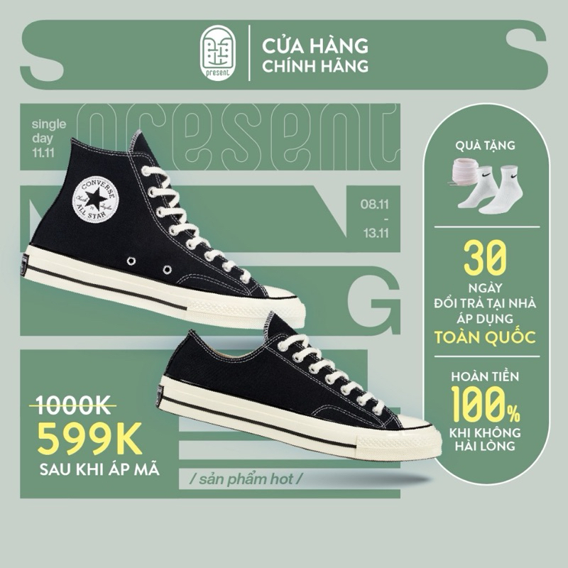Giày Convers Chuck Taylor 1970s đen trắng thấp và cao cổ bản C.cấp đủ size nam nữ Full Box Bill