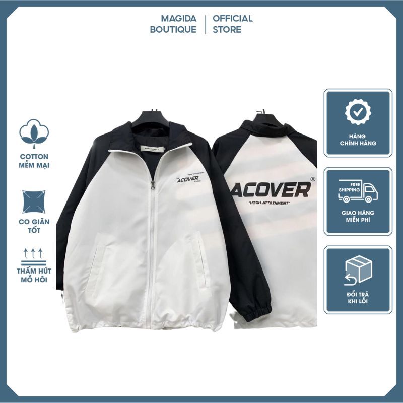 Áo Khoác Dù Jacket ACOVER đen phối trắng form rộng unisex nam nữ chống nắng vải dù 2 lớp