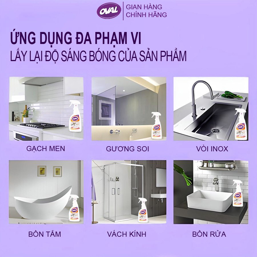 Tẩy Cặn Canxi Nhà Tắm OVAL POWER 500ML Tẩy Cặn Canxi Kính Vòi Sen Bồn Rửa Mặt Gương Soi Hồ Cá Chai Xịt Tẩy Đa Năng