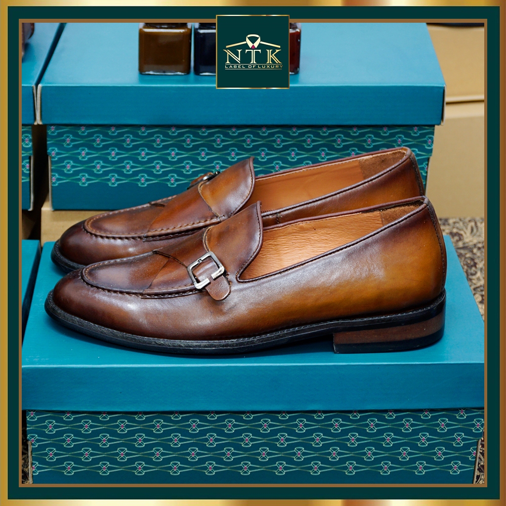 Giày loafer nam ĐẾ GỖ PHÍP cao cấp, da thật patina nâu cam sang trọng chính hãng LFP_03C, BH 24 tháng