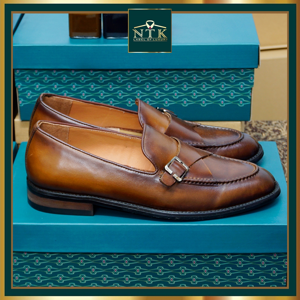 Giày loafer nam ĐẾ GỖ PHÍP cao cấp, da thật patina nâu cam sang trọng chính hãng LFP_03C, BH 24 tháng