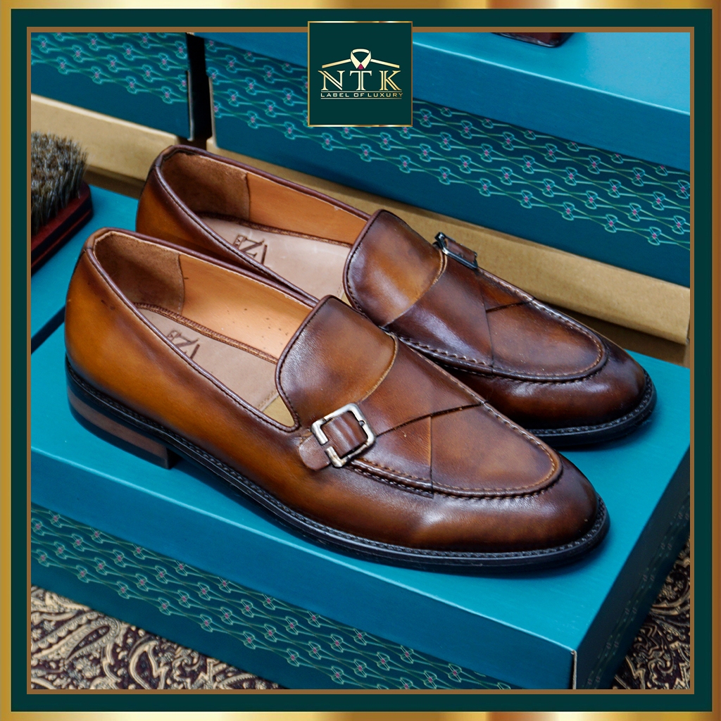Giày loafer nam ĐẾ GỖ PHÍP cao cấp, da thật patina nâu cam sang trọng chính hãng LFP_03C, BH 24 tháng