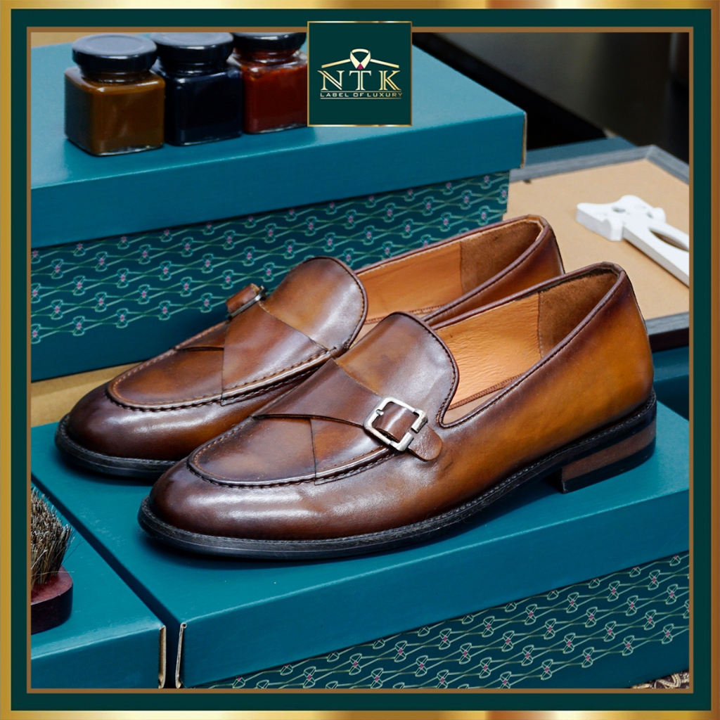 Giày loafer nam ĐẾ GỖ PHÍP cao cấp, da thật patina nâu cam sang trọng chính hãng LFP_03C, BH 24 tháng