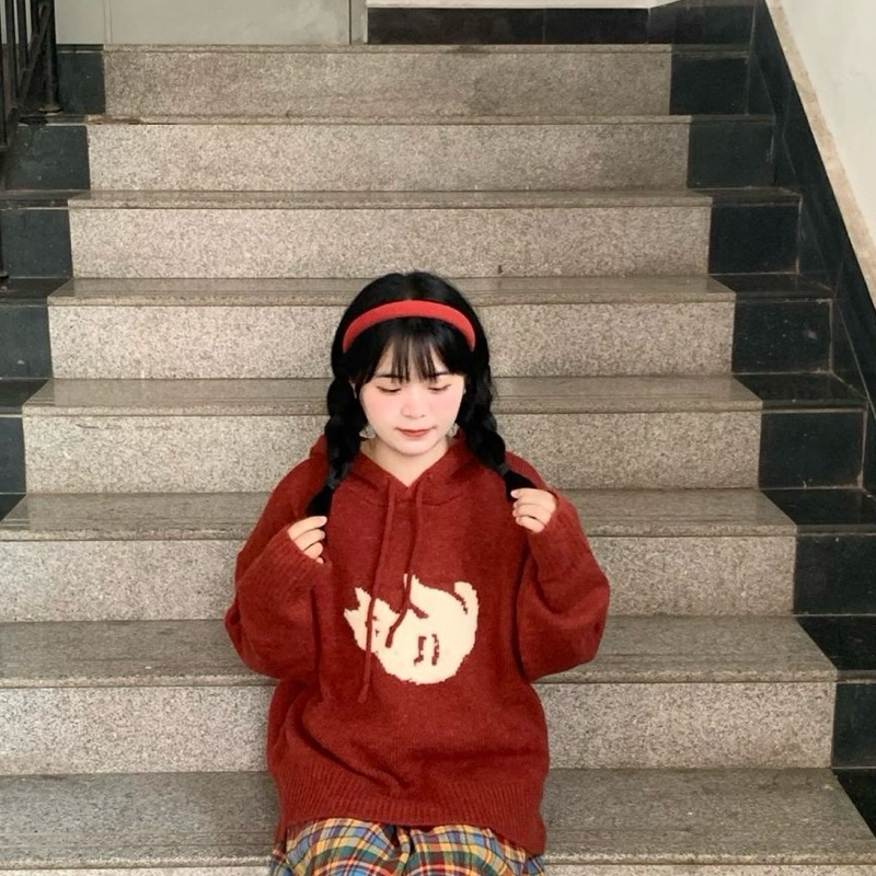 Áo len hoodie mũ hình con mèo màu đỏ trầm hợp Noel Tết tôn da dài tay dáng rộng chùm mông tay bo gấu ulzzang