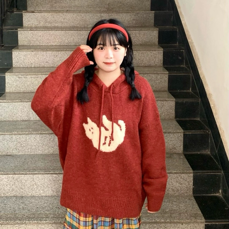 Áo len hoodie mũ hình con mèo màu đỏ trầm hợp Noel Tết tôn da dài tay dáng rộng chùm mông tay bo gấu ulzzang