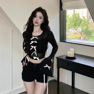 (Sẵn) Áo Croptop Tay Dài Ống Loe Đính Nơ Thắt Eo Dáng Ôm Phong Cách Y2k Hàn Quốc Tiểu Thư Xinh Xắn