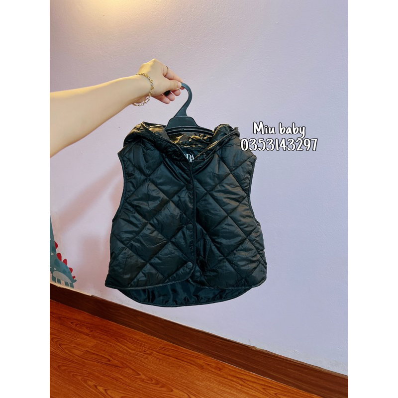 Gile phao đen dáng ngắn có mũ trần trám bé gái ZRr xuat du