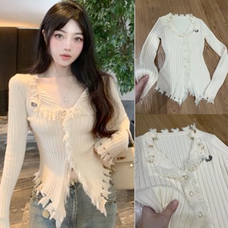 [ẢNH THẬT] Áo thun len cardigan cổ V hơi ôm dài tay viền tua rua dài tay Retro màu trắng be ulzzang dáng ngắn