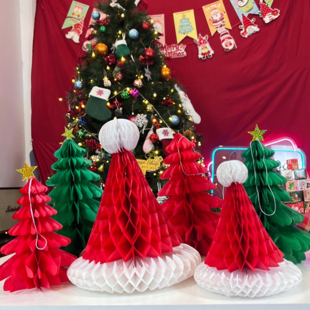 Mô Hình Cây Thông Giáng Sinh Noel Chuông Giấy Mũ Ông Già Noel Gấp Giấy Treo Trang Trí Giáng Sinh Noel