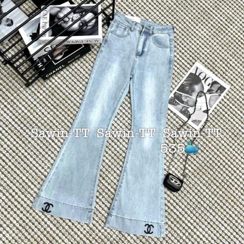 Quần jeans loe xanh bạc thêu nổi chất bò co dãn cạp cao dáng Hàn