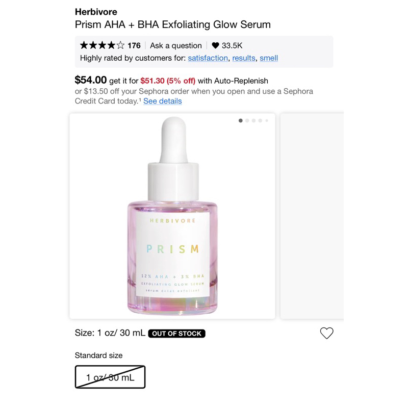 Serum Herbivore Prism AHA + BHA Exfoliating Glow 10ml $20