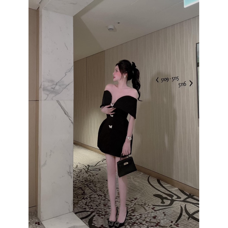 Đầm dạ trễ vai tay dáng tulip kèm cúc đá siêu sang