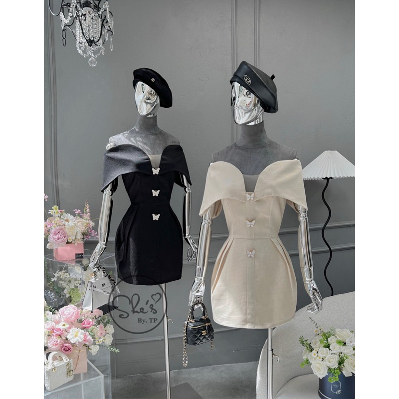 Đầm dạ trễ vai tay dáng tulip kèm cúc đá siêu sang