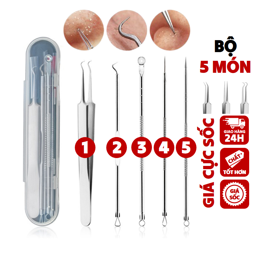 Dụng Cụ Lấy Mụn, Bộ 5 món lấy mụn đầu đen - mụn bọc - trứng cá làm đẹp chuyên dụng tiện lợi