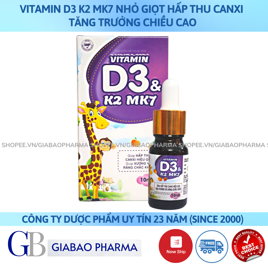 Vitamin D3 K2 Mk7 nhỏ giọt giúp bé hấp thụ canxi tăng trưởng chiều cao, cân nặng, chống còi xương,Suy dinh dưỡng (Lọ 10)