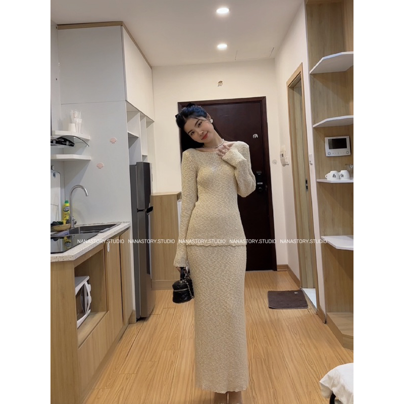 Set Áo Len Dài Tay Mix Chân Váy Len Midi Dáng Bút Chì Màu Nâu Sữa