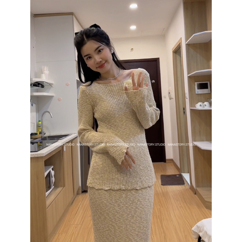 Set Áo Len Dài Tay Mix Chân Váy Len Midi Dáng Bút Chì Màu Nâu Sữa