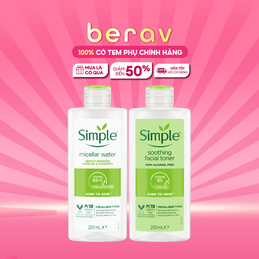 Bộ Nước Tẩy Trang + Nước Hoa Hồng Simple Da Dịu Nhẹ Soothing Facial Toner 200ml