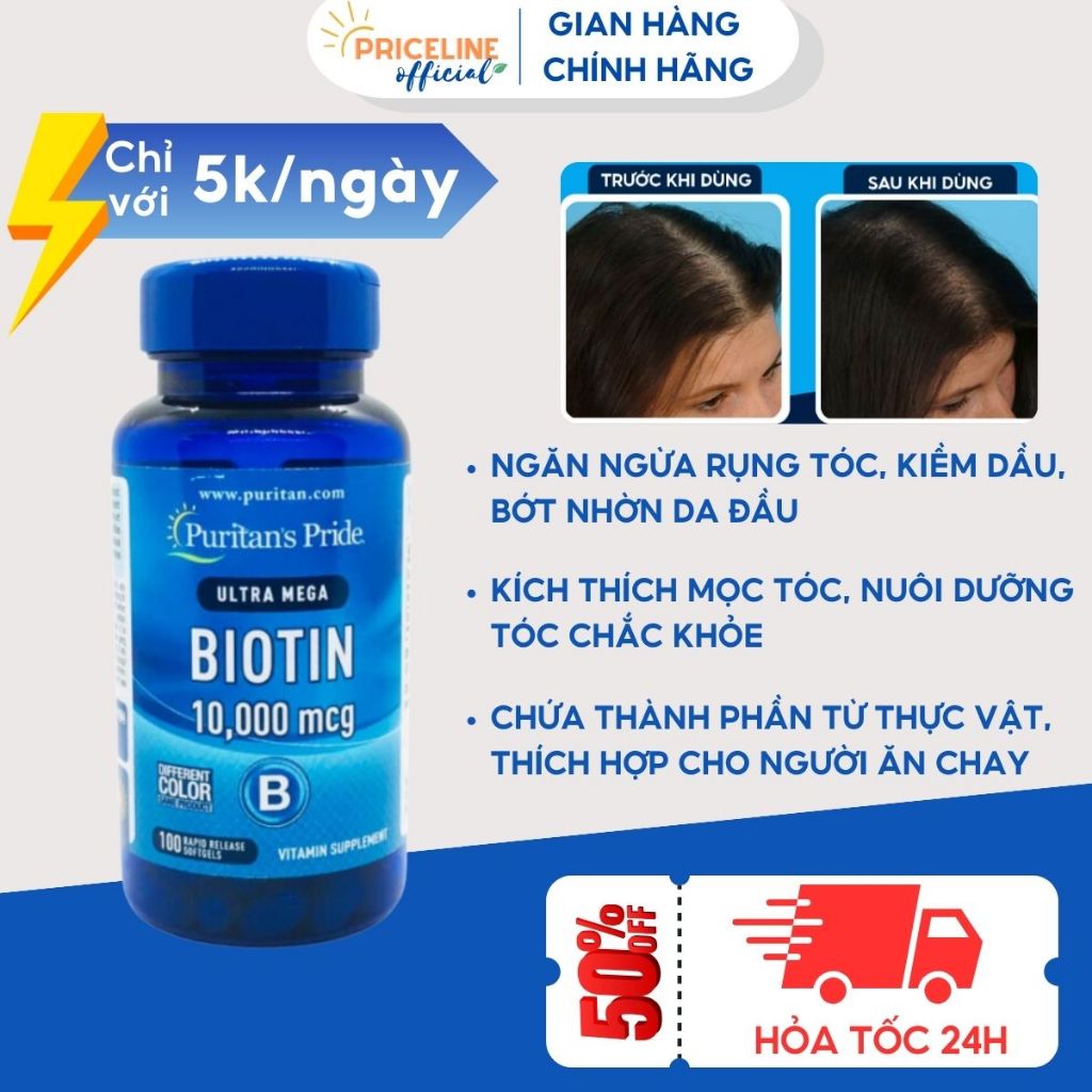 Viên uống giảm rụng tóc, giúp nhanh mọc tóc mới, kiềm dầu da đầu Puritan's Pride Biotin 10,000 mcg của Mỹ 50 viên