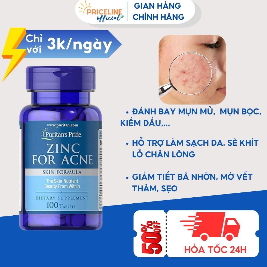 Viên uống bổ sung kẽm, giảm mụn nội tiết Puritan's Pride Zinc For Acne 100 viên