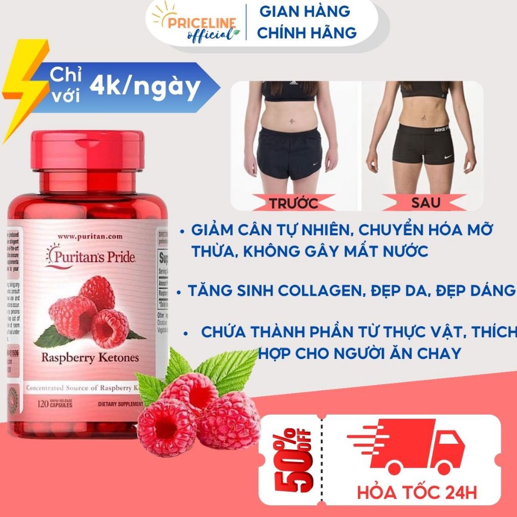Viên uống hỗ trợ giảm cân đẹp da Puritan's Pride Raspberry Ketones 100 mg 120 viên