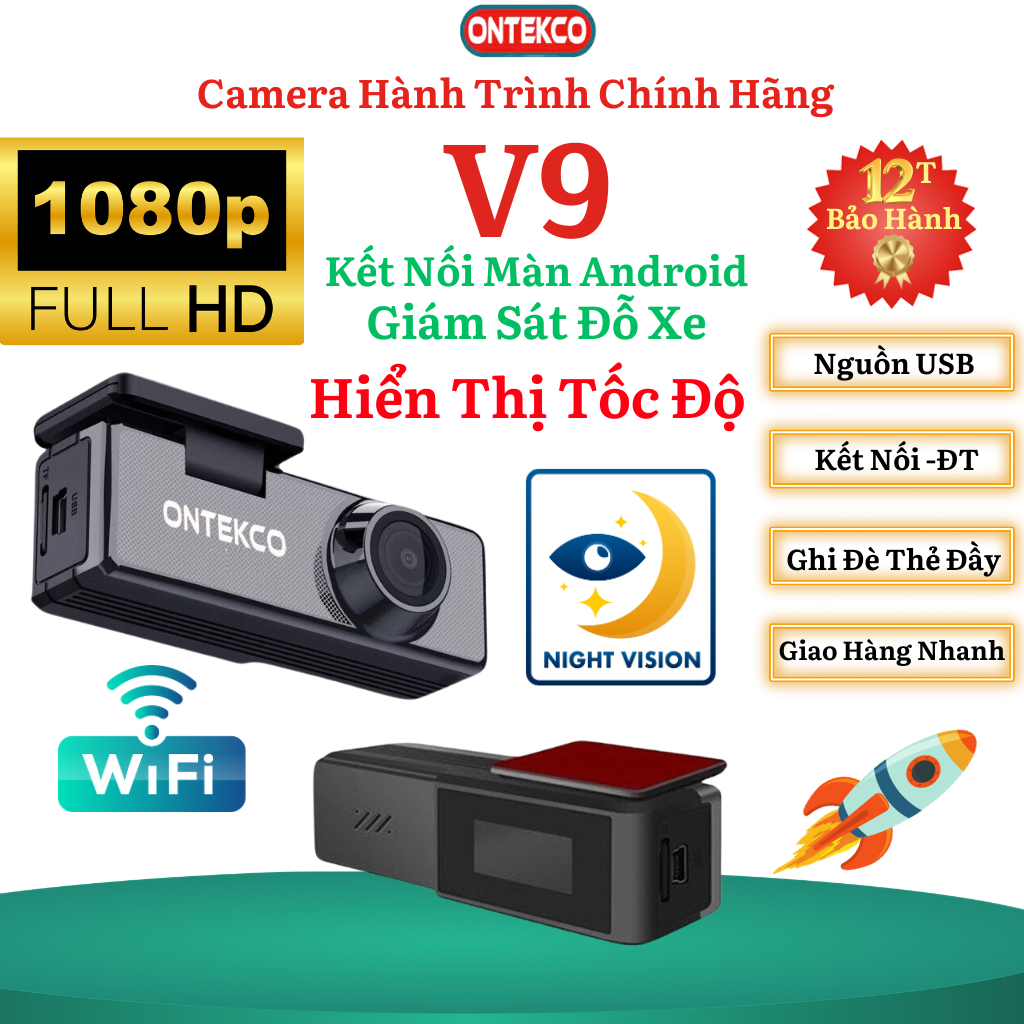 Camera hành trình ô tô ONTEKCO V9 Pro /Q3 Pro Wifi Full HD hiển thị tốc độ, kết nối màn hình android, xem qua điện thoại