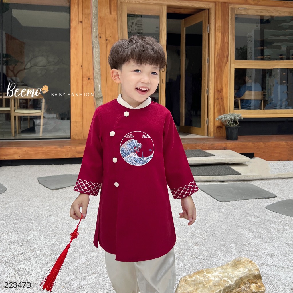 Set bộ áo dài Beemo cho bé trai "Hải Long Châu" vải nhung mềm mặc sự kiện, tết, chụp hình 22347B