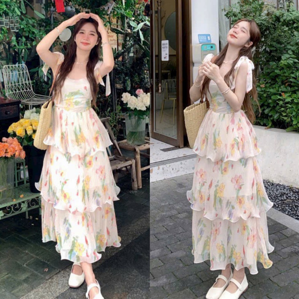 Đầm váy nữ 2 dây voan hoa xòe xếp ly tầng với tone màu phối cute, sáng da dành cho các nàng diện đi phố, đi chơi