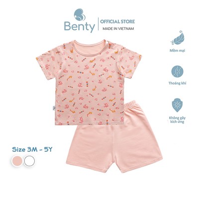 Bộ cộc tay cài vai họa tiết hồng BENTY mềm mịn mát, đồ bộ chất liệu cao cấp bé mặc thoải mái