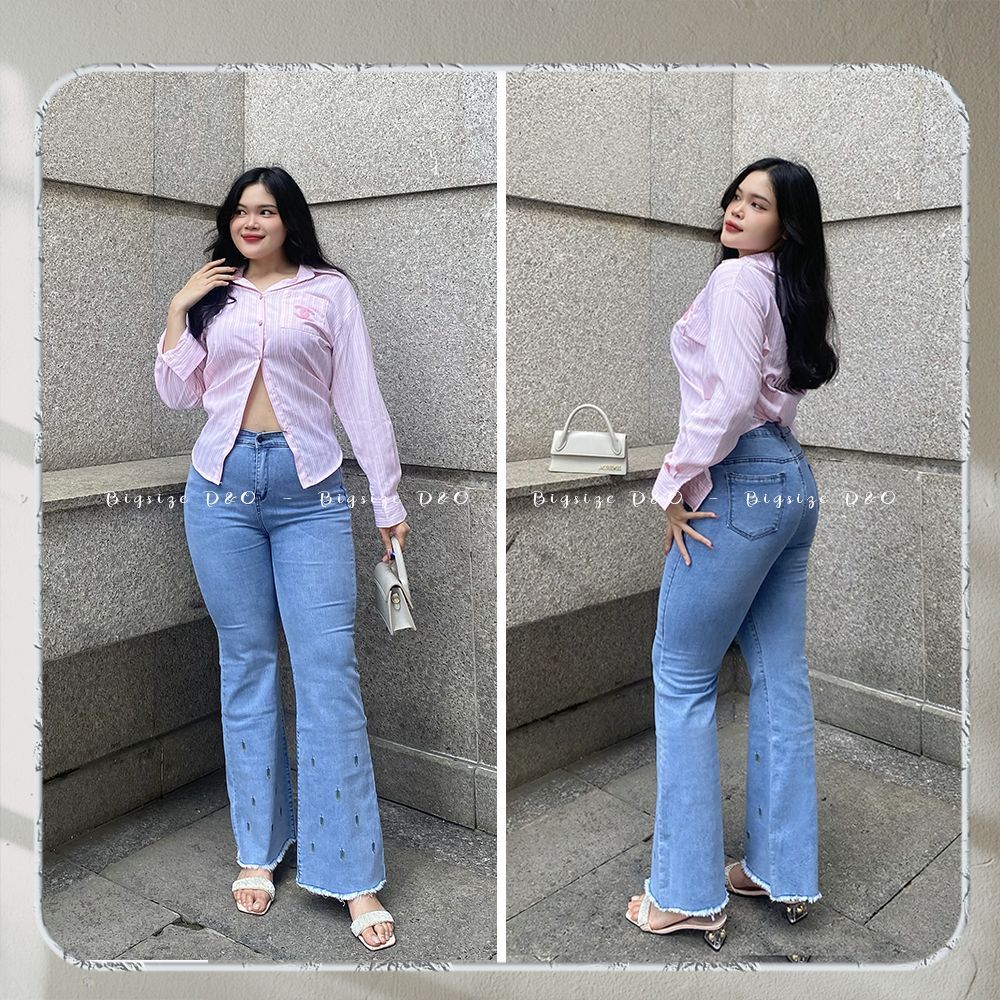 Quần jeans nữ ống loe dáng dài, màu xanh nhạt 1121/ đậm 1122, lưng cao, co giãn mạnh [Bigsize 58-90kg]