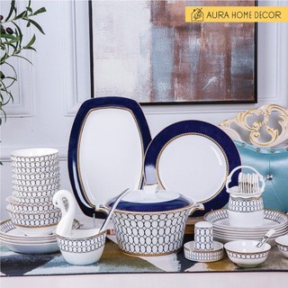 Bộ bát sứ xương kim cương xanh sapphire sang chảnh tuyệt đối, phong cách Châu Âu