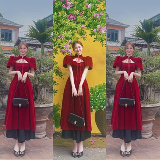 Set áo dài nhung đỏ tay phồng + chân váy đen dài