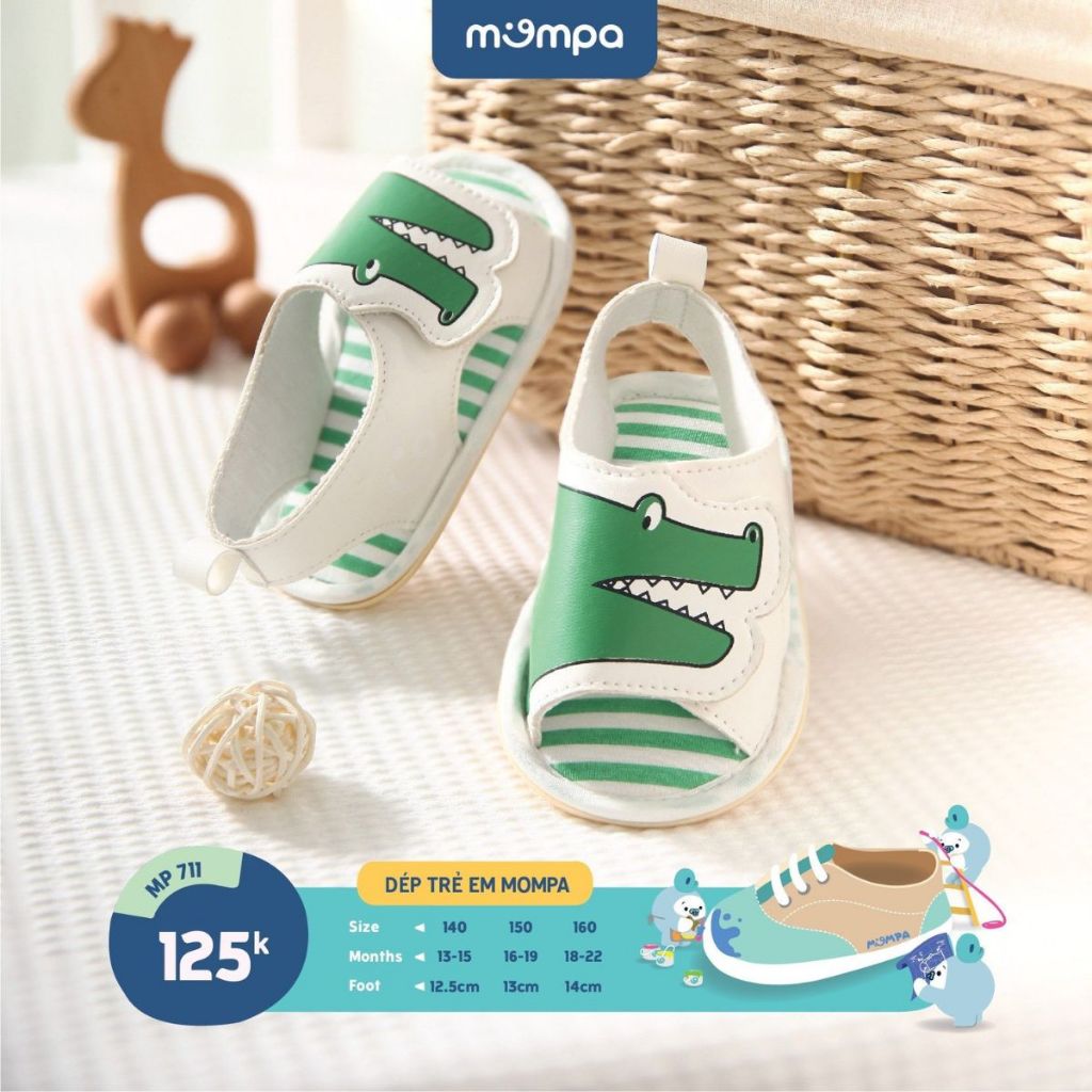 Dép tập đi cho bé Mompa 13-22 tháng hình động vật dễ thương đế cao su chống trượt an toàn quai dán vải mềm 711