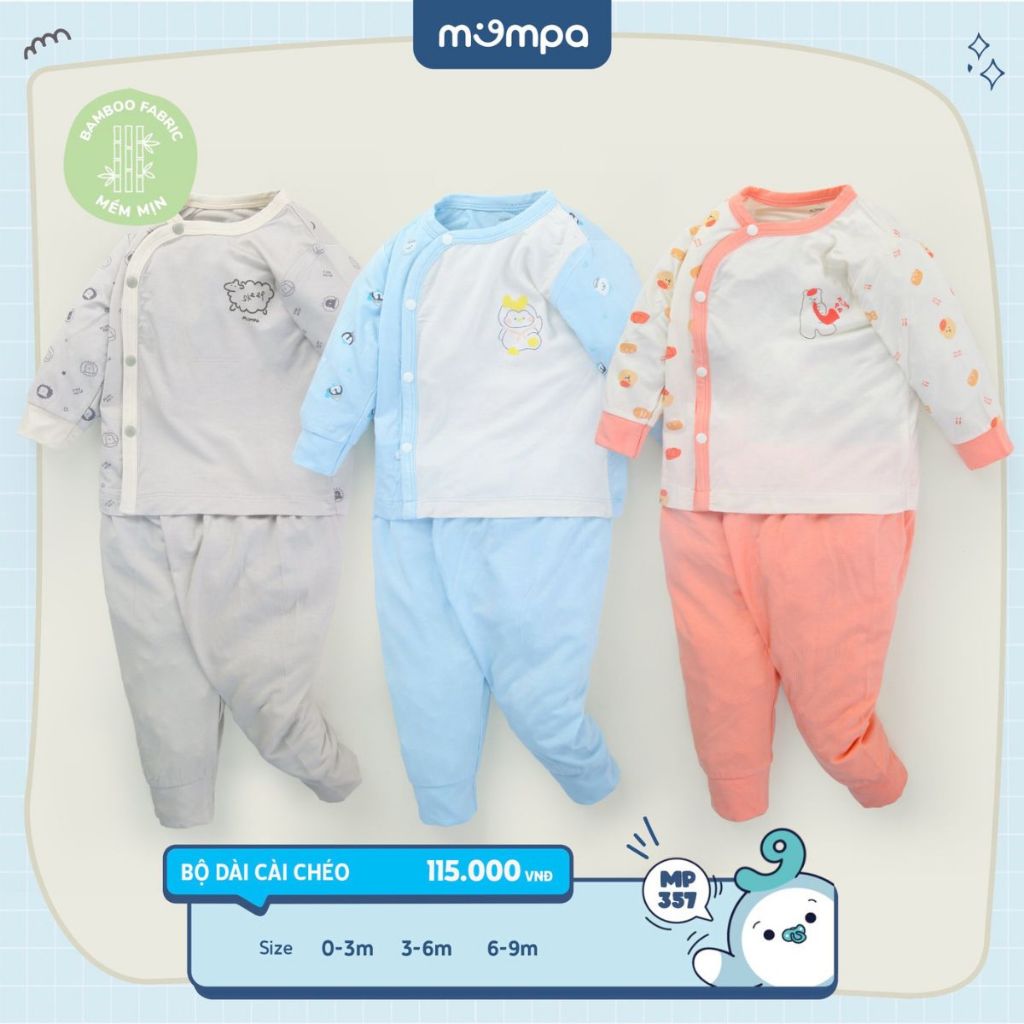 Quần áo sơ sinh Mompa 0-9 tháng vải Sợi tre Bamboo cúc chéo dài tay mềm mại thấm hút co giãn ấm áp 357