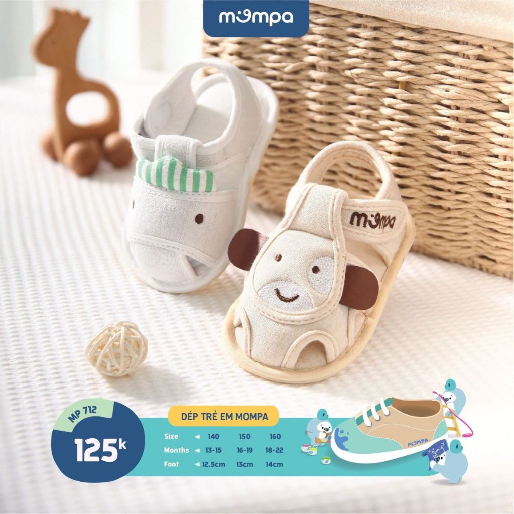 Dép tập đi cho bé Mompa 13-22 tháng hình động vật dễ thương đế cao su chống trượt an toàn quai dán vải mềm 712