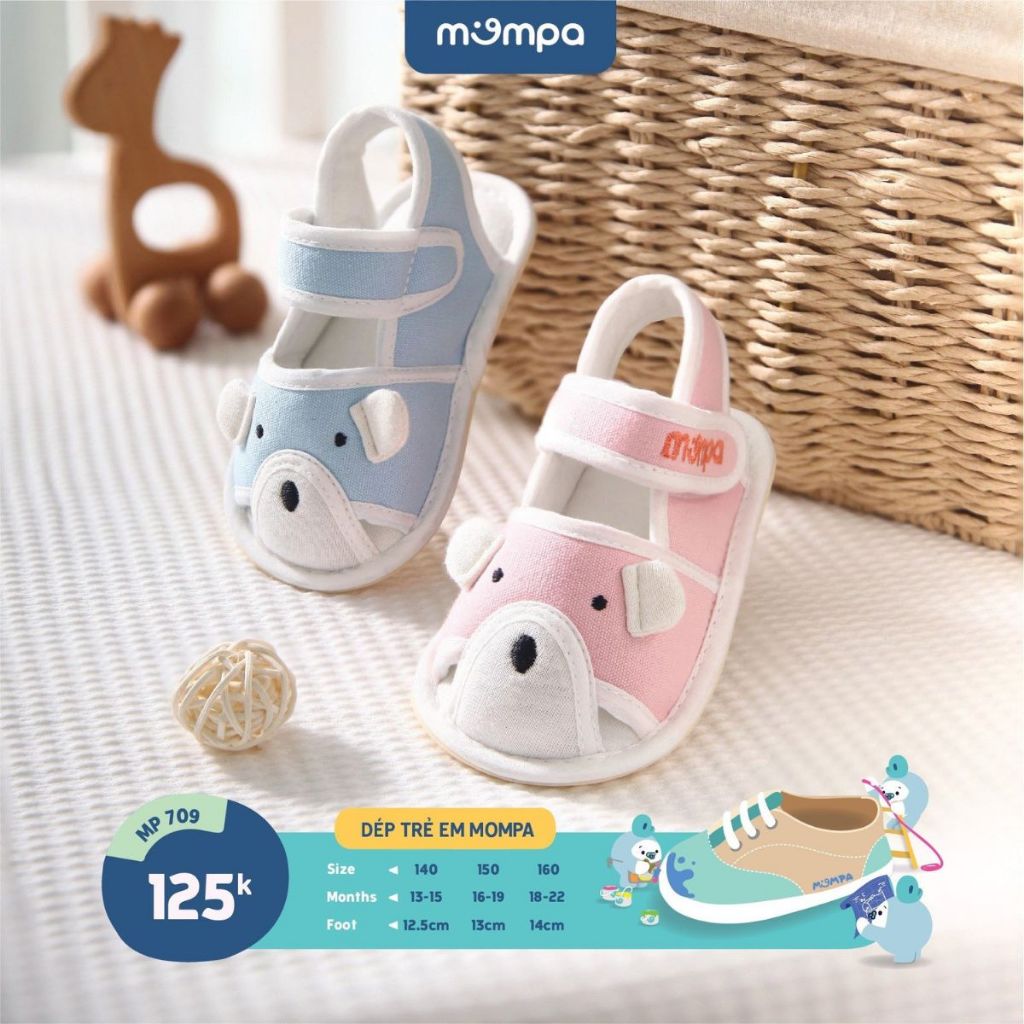 Dép tập đi cho bé Mompa 13-22 tháng hình động vật dễ thương đế cao su chống trượt an toàn quai dán vải mềm 709